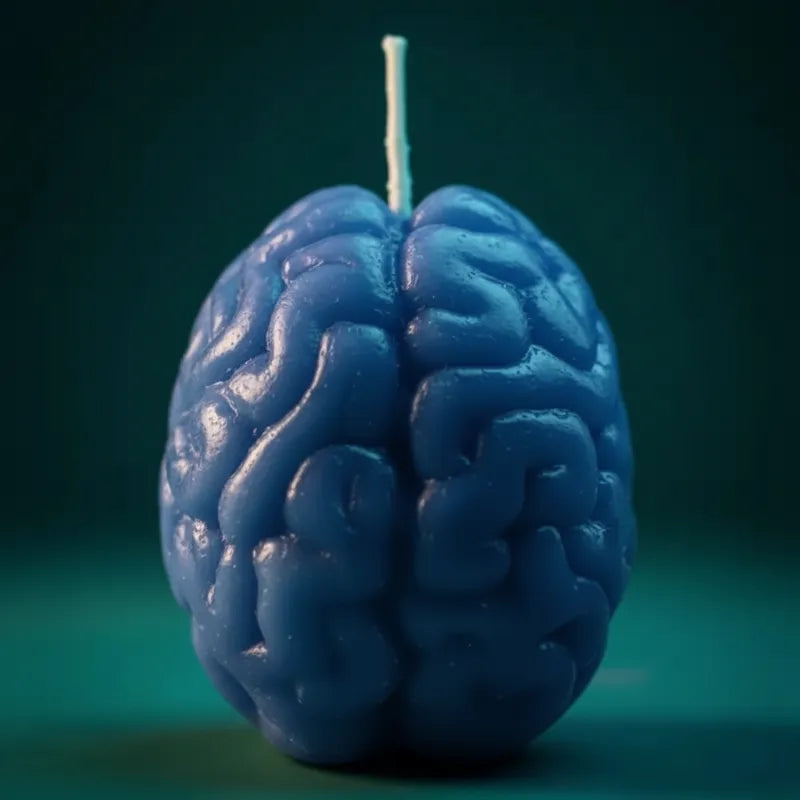 Brain-shaped candle extreme close-up — LAVA teal turquoise branding, luxury wellness boutique