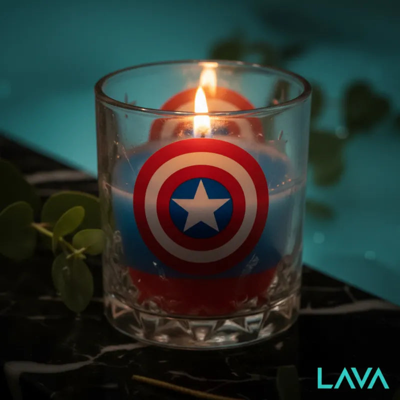 captain america candle IN spa setting