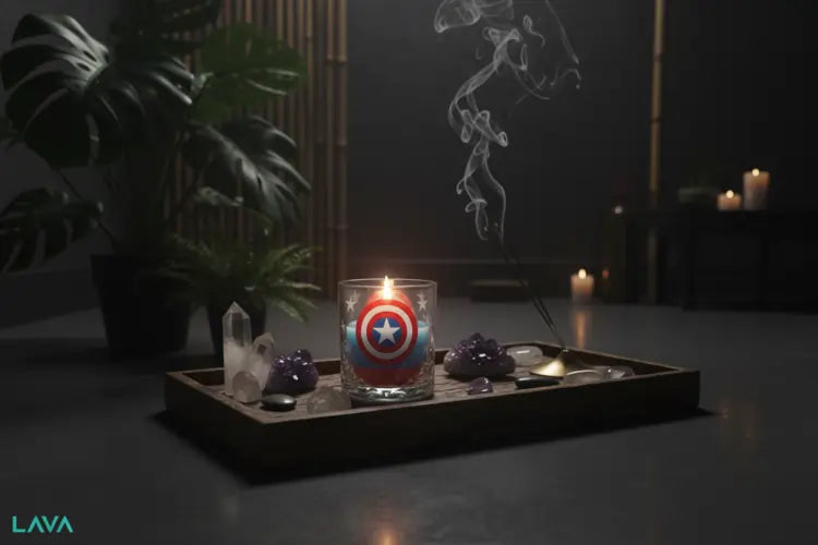 CAPTAIN AMERICA CANDLE on a dark surface with crystals + stones