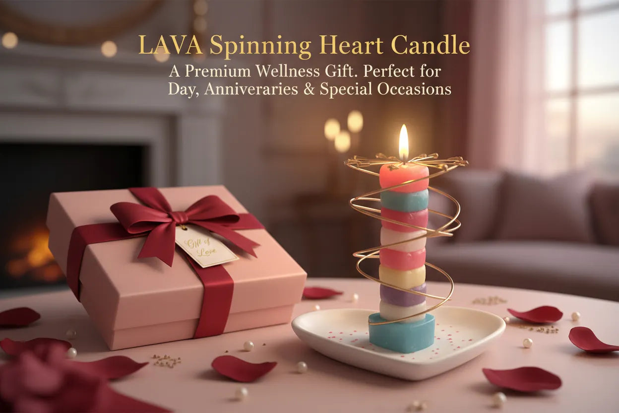 LAVA Spinning Heart Candle with a gift box on a decorative table.