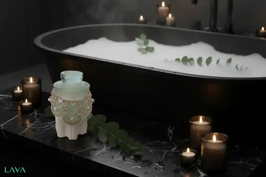 Relaxing bath scene with candles and our luxury-pearl-cubic-s3-JAR