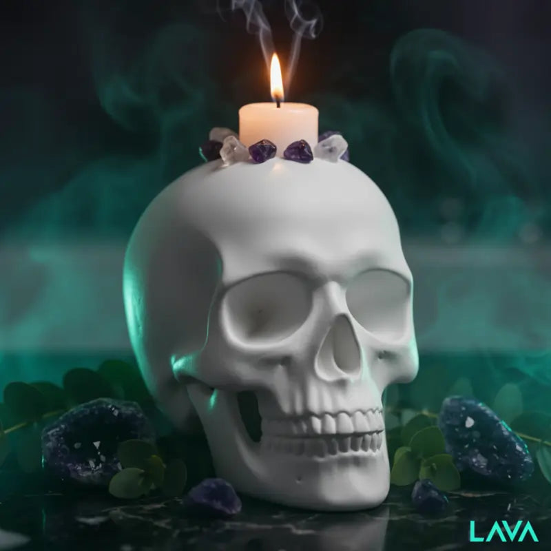 LAVA iconic Skull-shaped candle holder with a lit candle and crystals from the LAVA ROX RANGE on a dark background