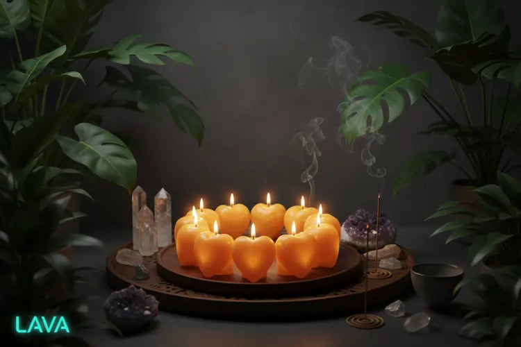 Candlelit scene with HEART STRUNG candles on a wooden tray, crystals, and plants in a dark setting.