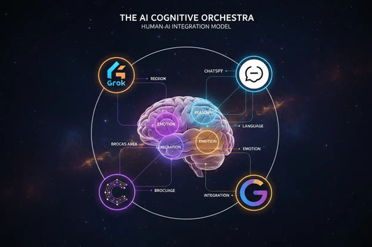 Multi-AI models (ChatGPT, Gemini, Claude, Grok) connected to specific brain regions.