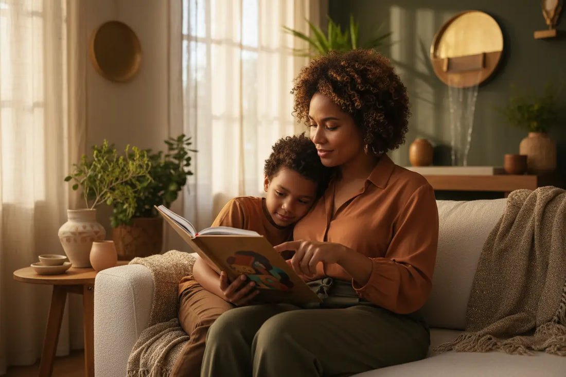 hows a parent of color with their child in a peaceful, safe moment—resilient, loving, and hopeful