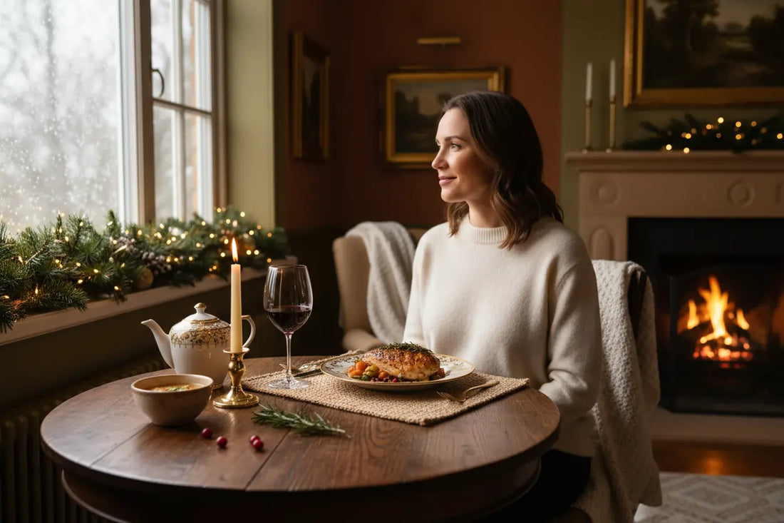 image shows someone peacefully enjoying a beautiful dinner for one—content, dignified, choosing solitude. No trauma, no drama, just peaceful self-care