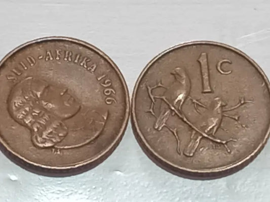 Two 1966 - 1 Cent Presidential series
South African coins, one dated 1966 and the other with a bird design, on a light background.