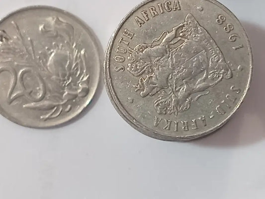 Two 1988 20 cent -  South African coins on a white background