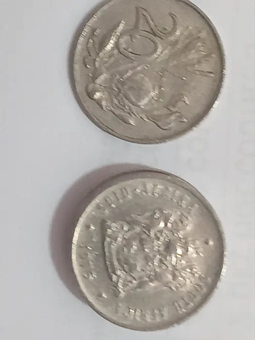 Two 1975 20 cent coins on a light gray background