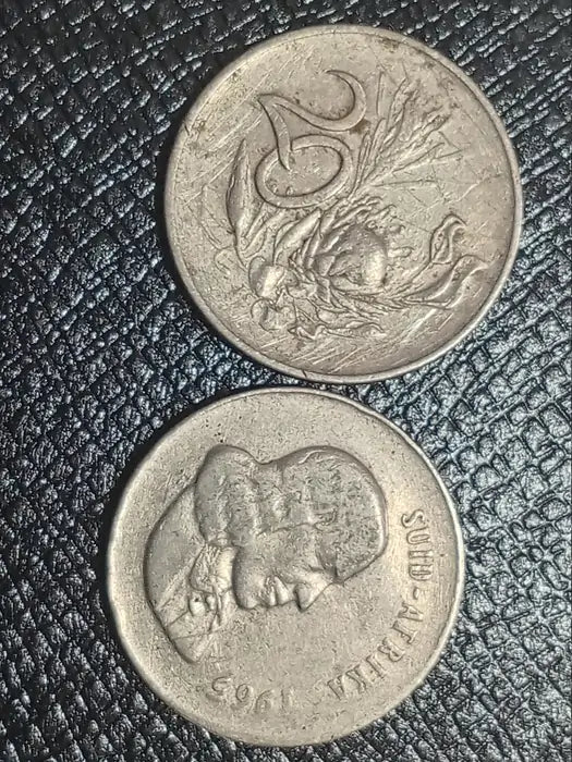 two RARE 1965 20 cent coins on a textured black surface