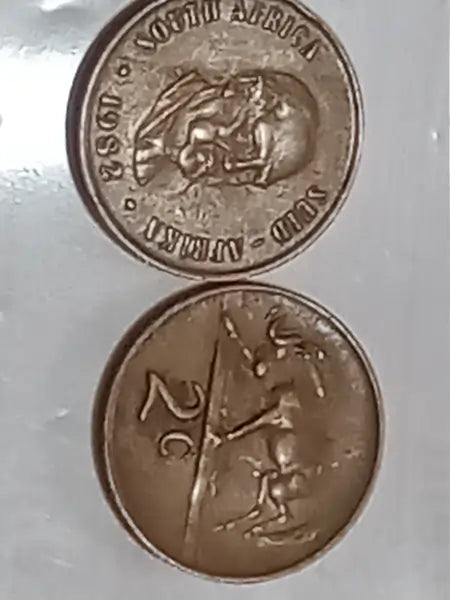 Two vintage 1982 2 Cent coins on a reflective surface