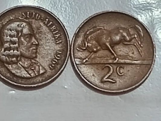 Two 1969 - 2 Cent Presidential series coins on a reflective surface.