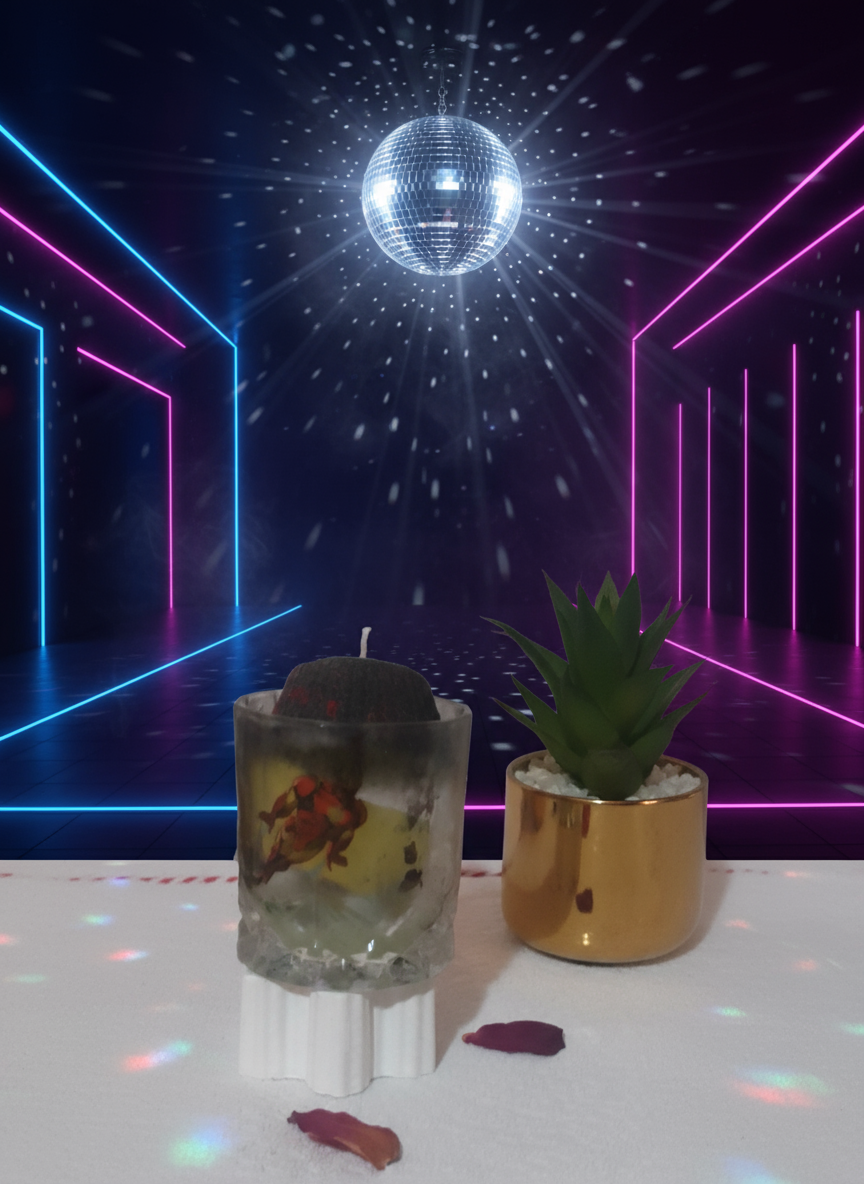 Clear glass WITH CANDLE on GOLD
MARBLE white TABLE with decorative MEN WALLPAPER BEDROOM