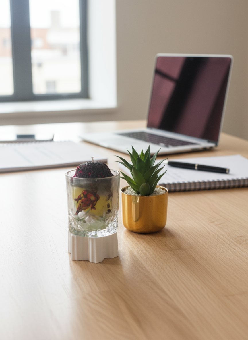 Clear glass WITH CANDLE on GOLD
MARBLE white TABLE with decorative MEN WALLPAPER BEDROOM