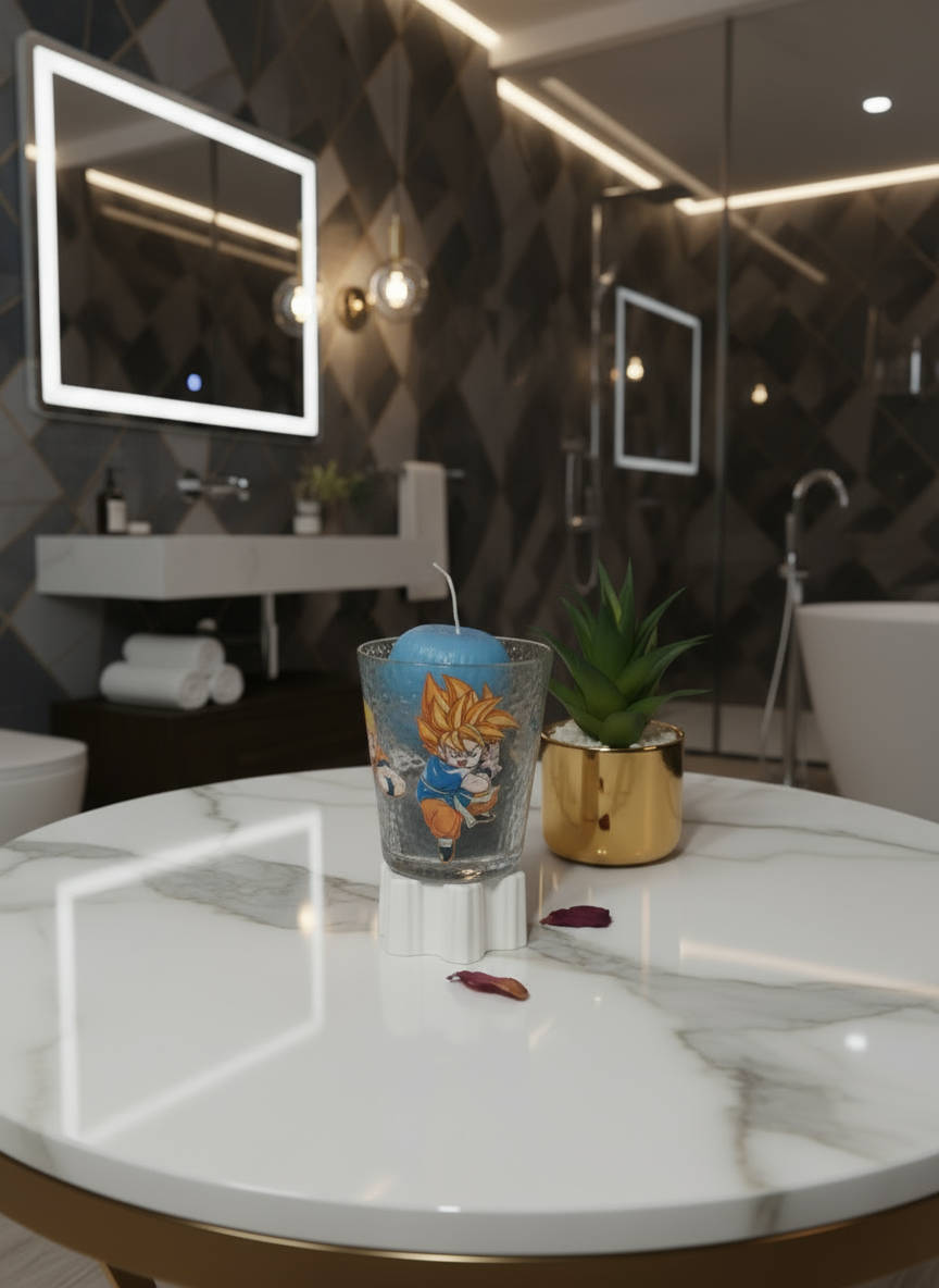 Clear glass WITH CANDLE with Dragon Ball GT design on GOLD
MARBLE white TABLE with decorative MEN WALLPAPER BEDROOM 