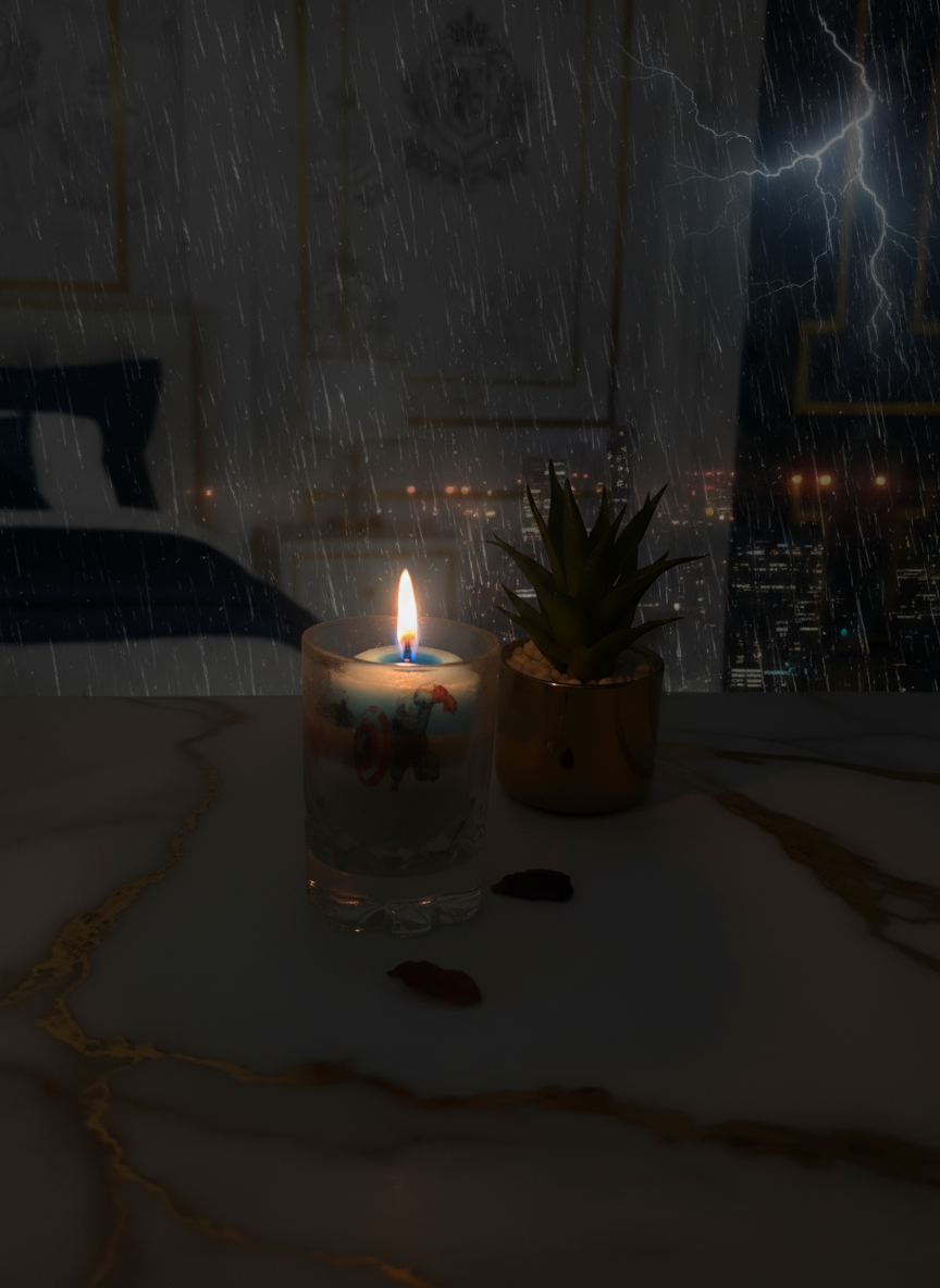 Decorative candle on a marble surface with gold accents