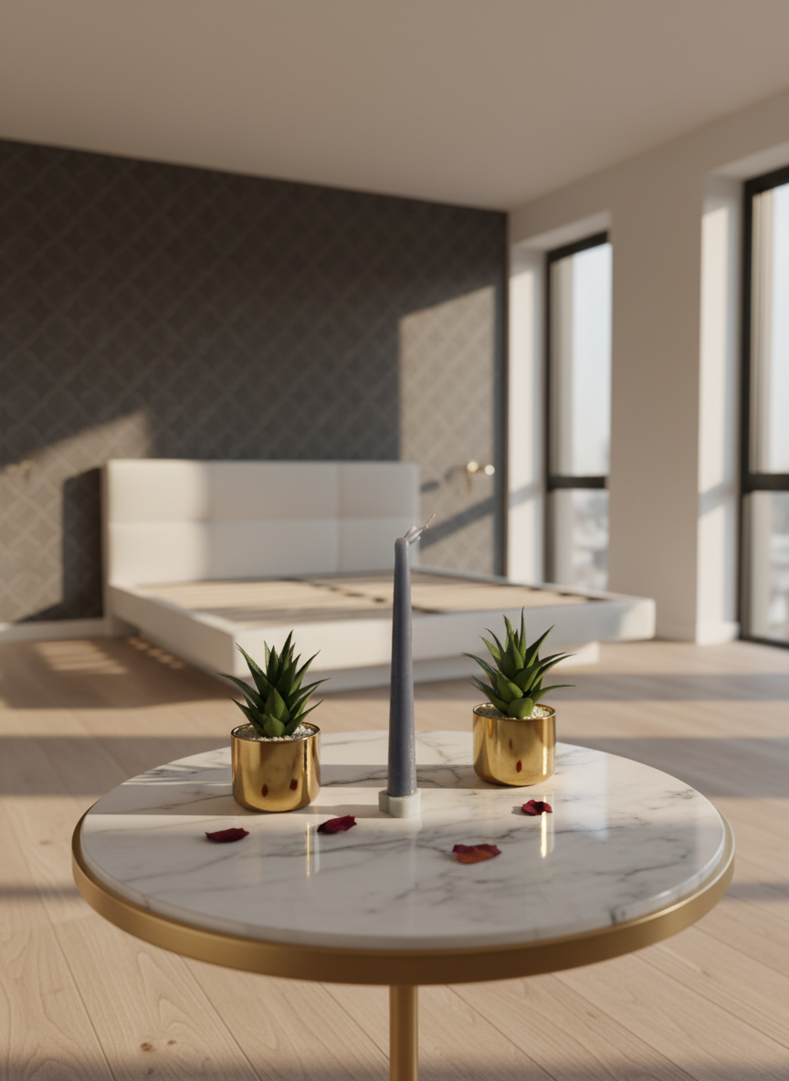 Tall blue candle between two gold pots with green plants on a white surface.