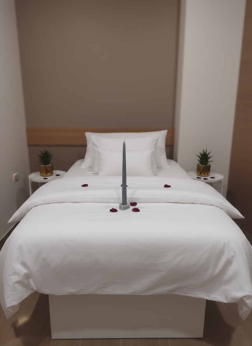 Two small potted plants with gold pots on a white surface with purple petals.