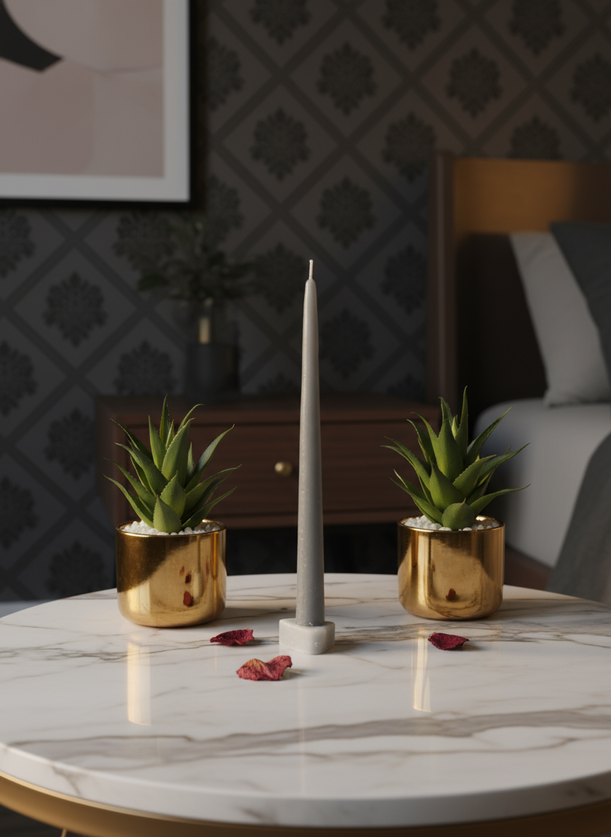 Two small potted plants with gold pots on a white surface with purple petals.