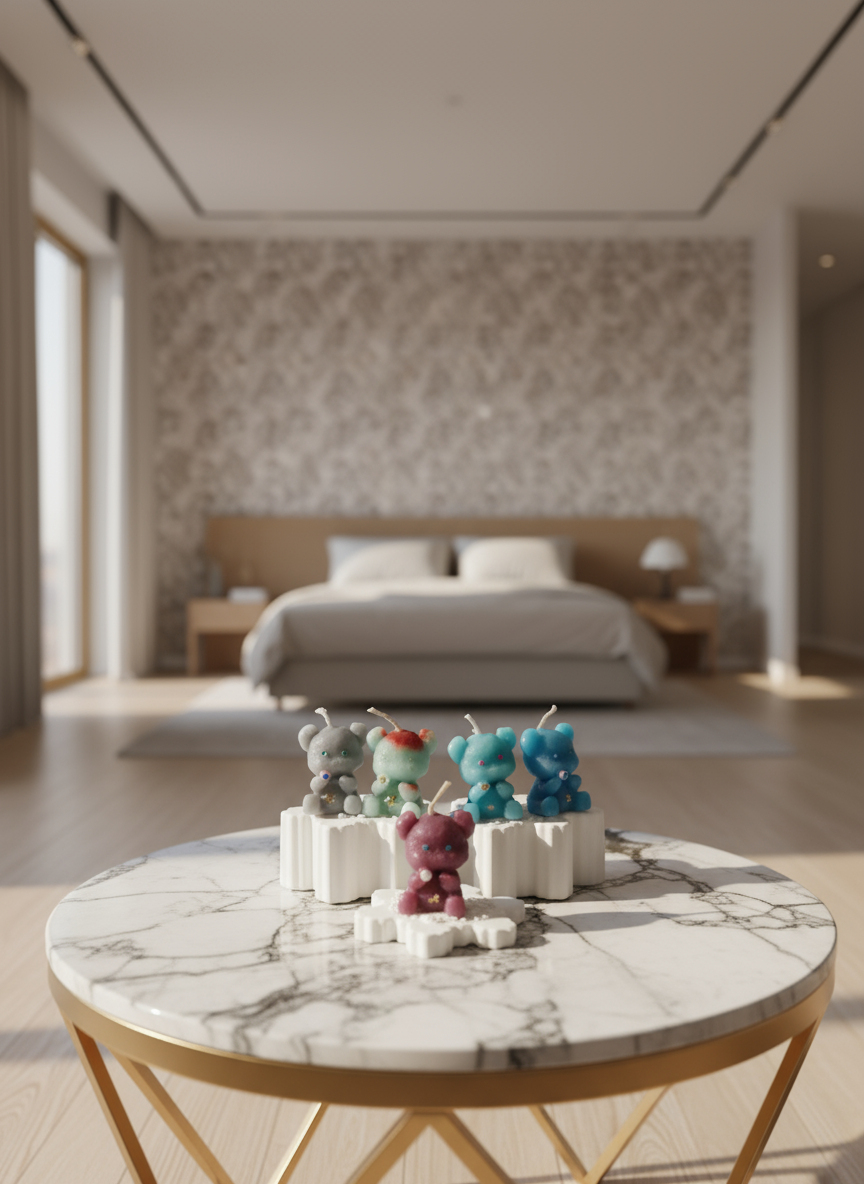 Set of colorful bear-shaped candles on a marble white stand 