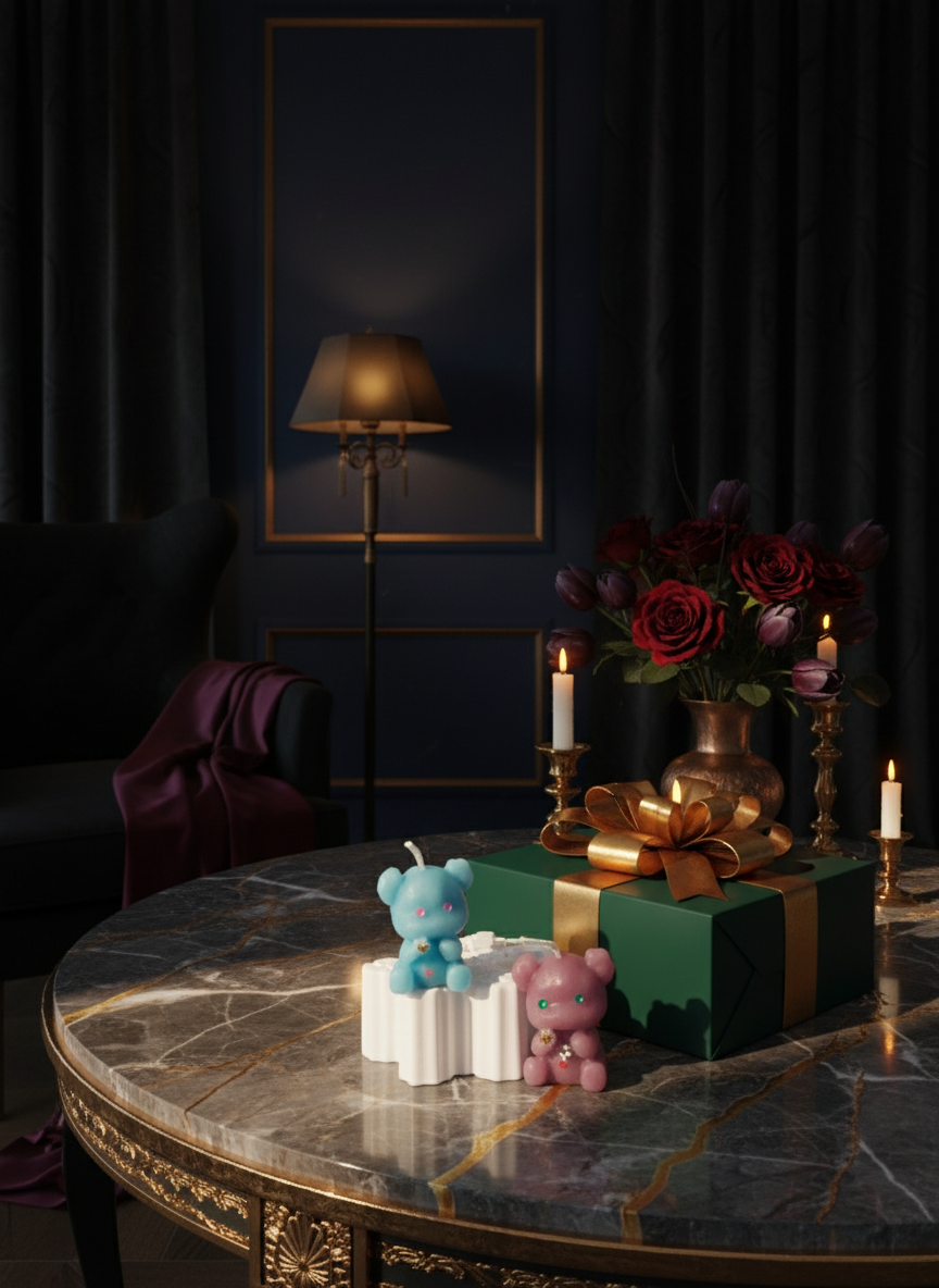 Two small teddy bear figurines, one blue and one pink, on a decorative surface.