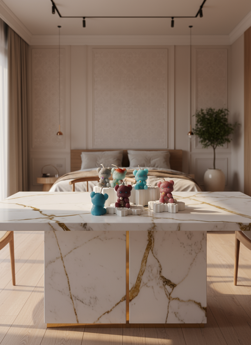 Colorful teddy bear figurines on a white surface with plants in the background