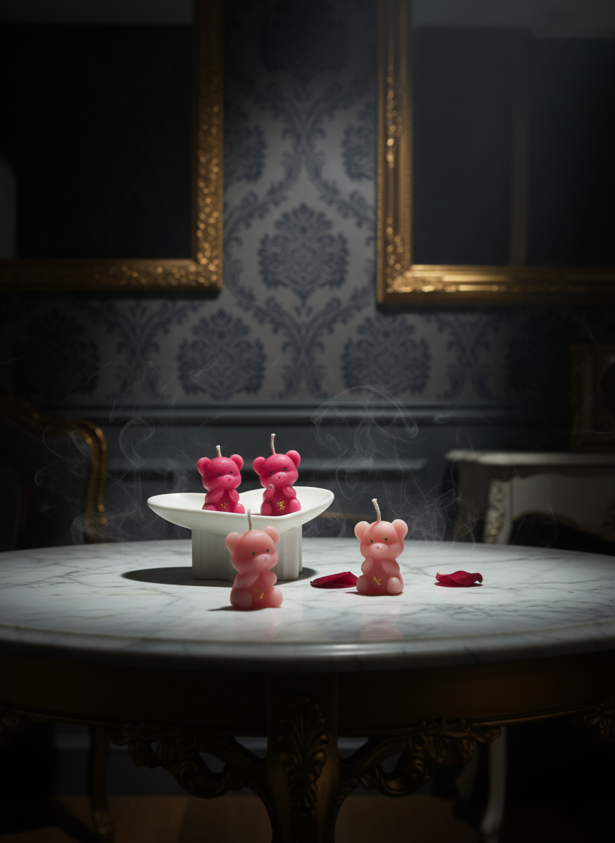 Pink bear-shaped candles on a white surface with a gold pot in the background