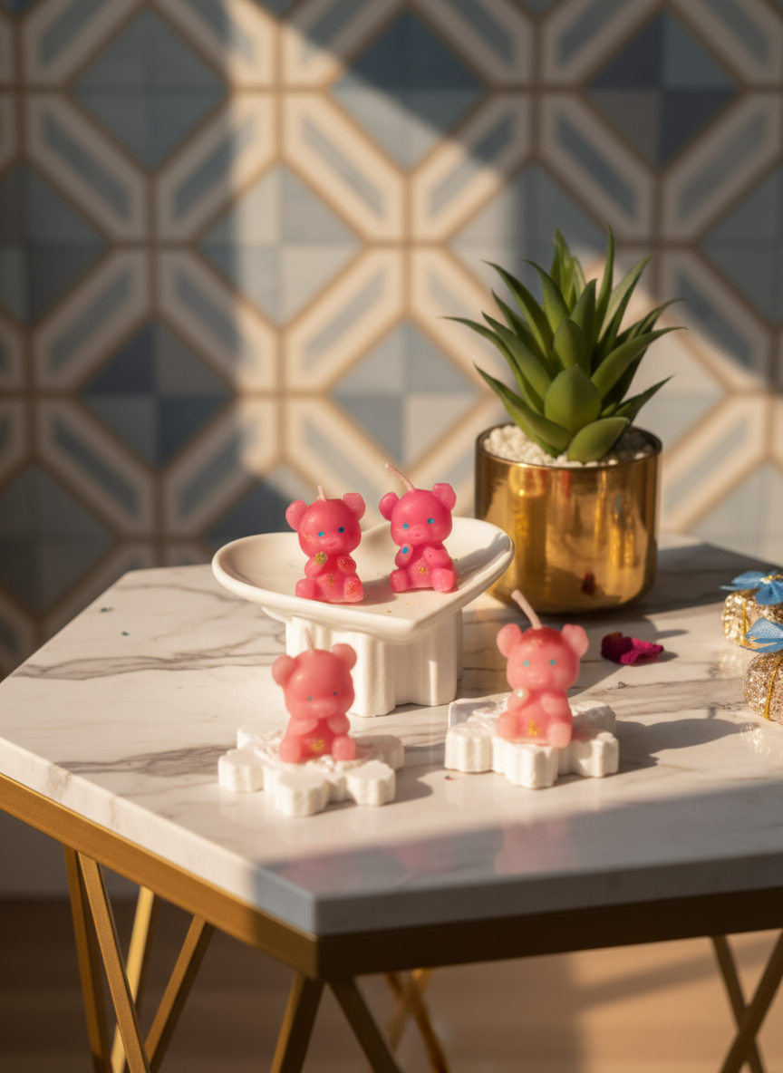 Pink bear-shaped candles on a white plate with a gold pot and plant in the background.
