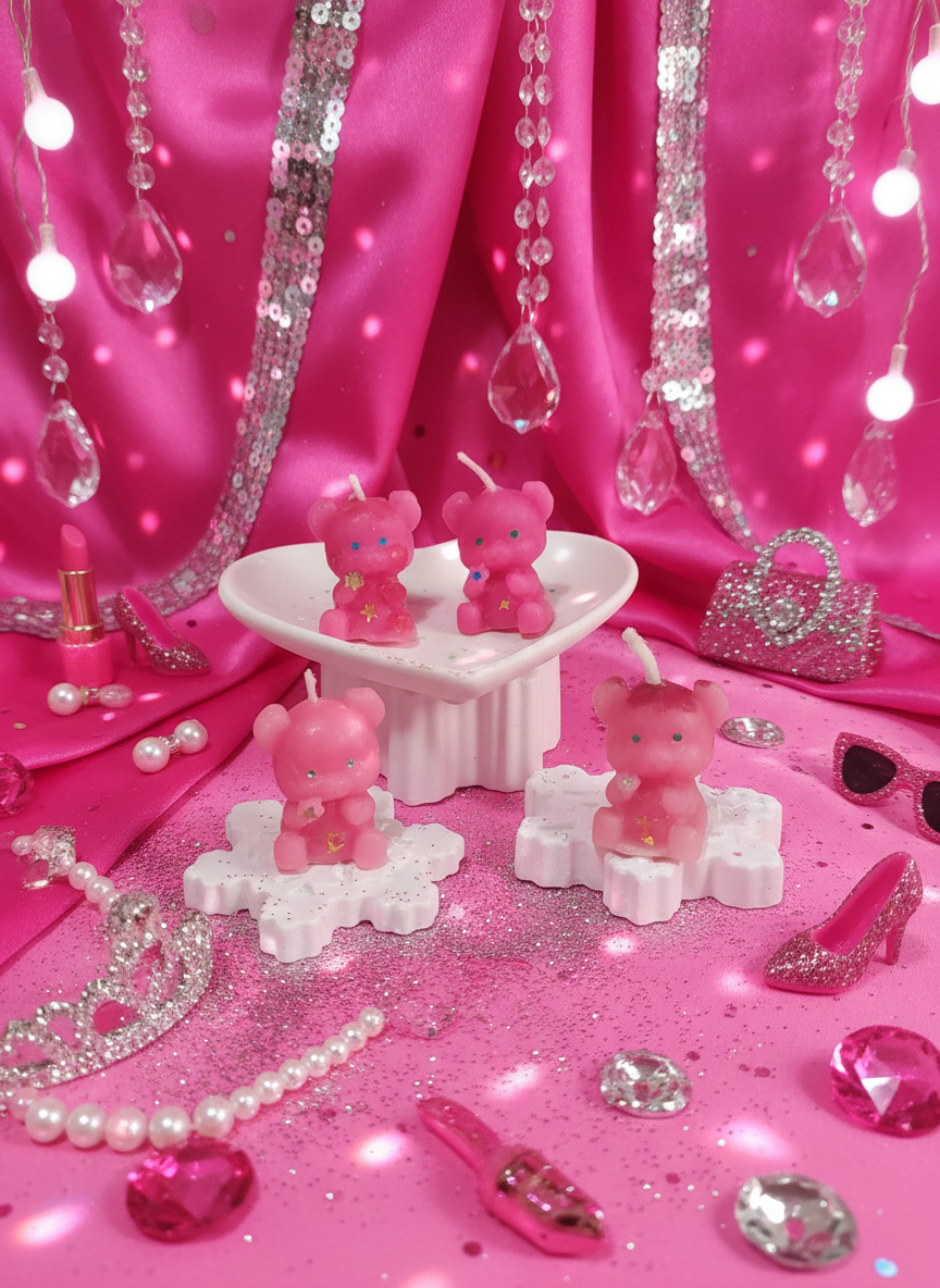 Pink bear-shaped candles on a white stand 