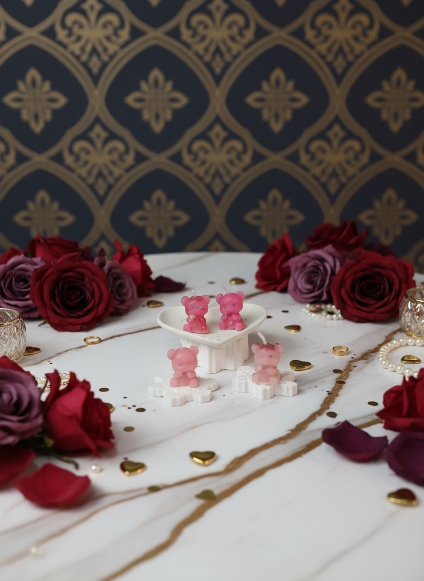 Pink bear-shaped candles on a white stand 