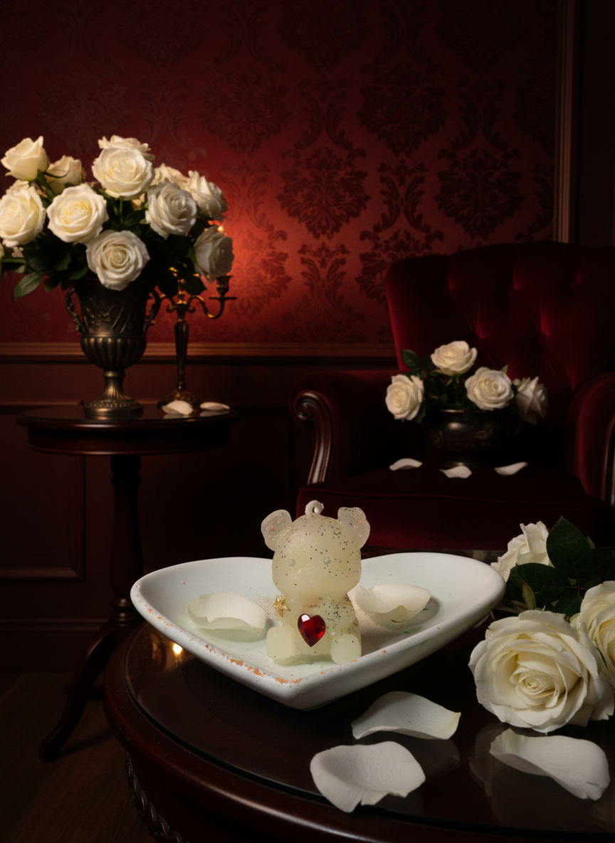 Small bear-shaped candle with a red heart on a white surface