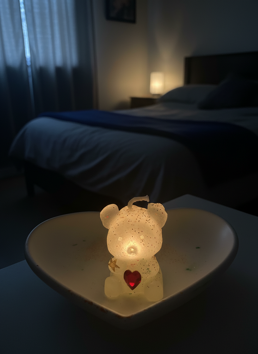 Small bear-shaped candle with a red heart on a white surface