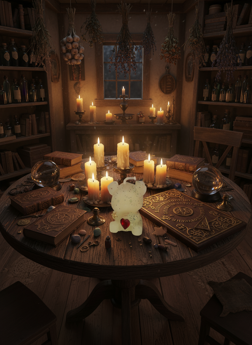 Small bear-shaped candle with a red heart on a white surface