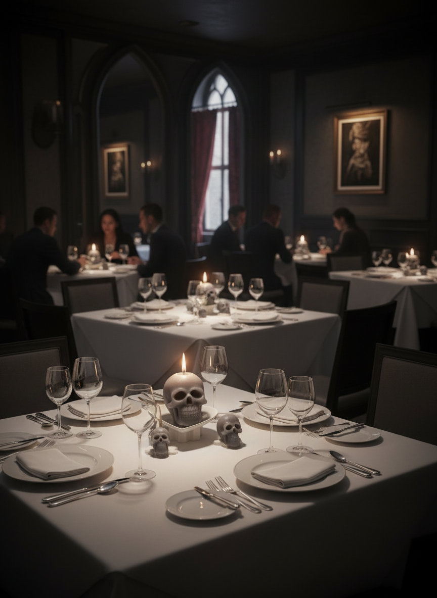 Skull-shaped candles on a white surface with plants and red flowers in the background.