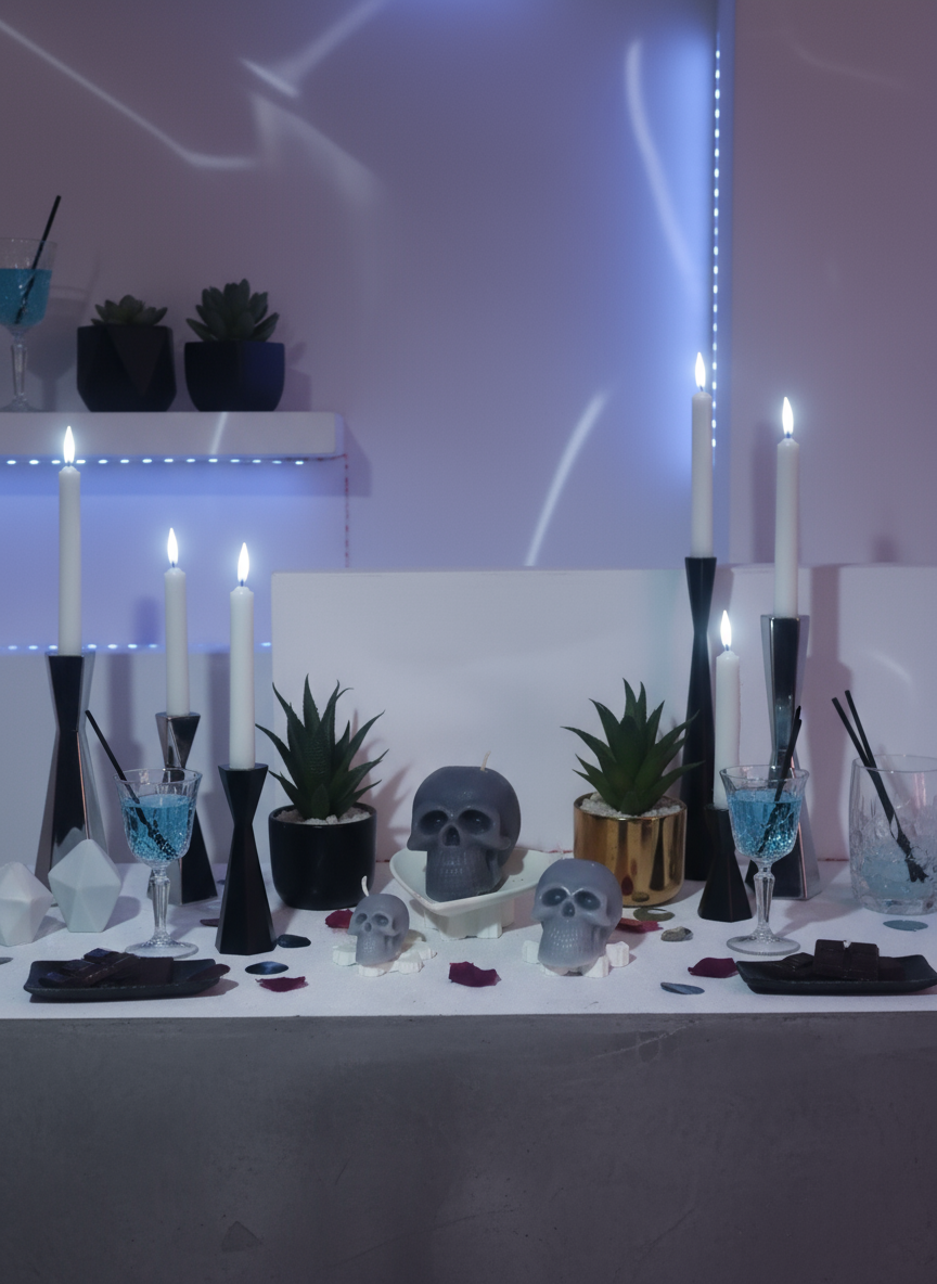 Skull-shaped candles on a white surface with plants and red flowers in the background.