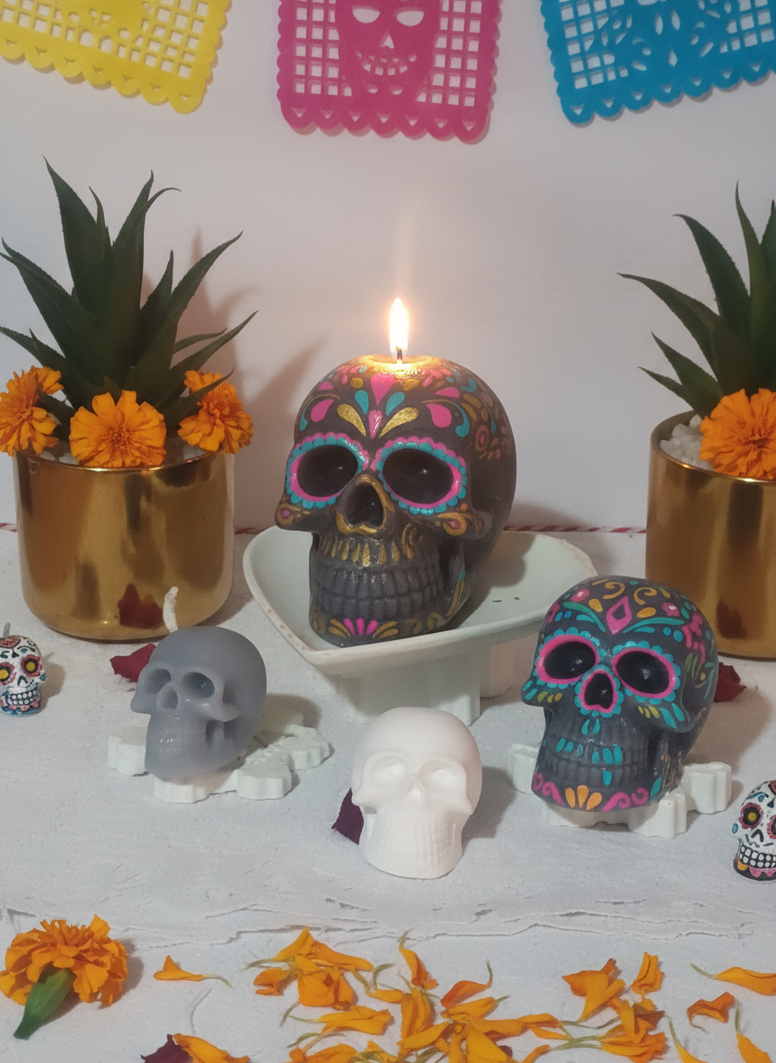 Decorative skull-themed items on a white surface with plants in the background