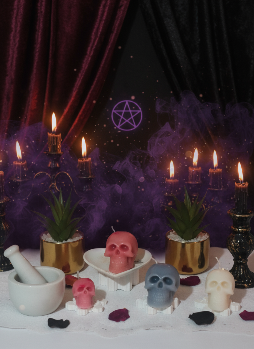 Skull-shaped candles on a white surface with plants in the background