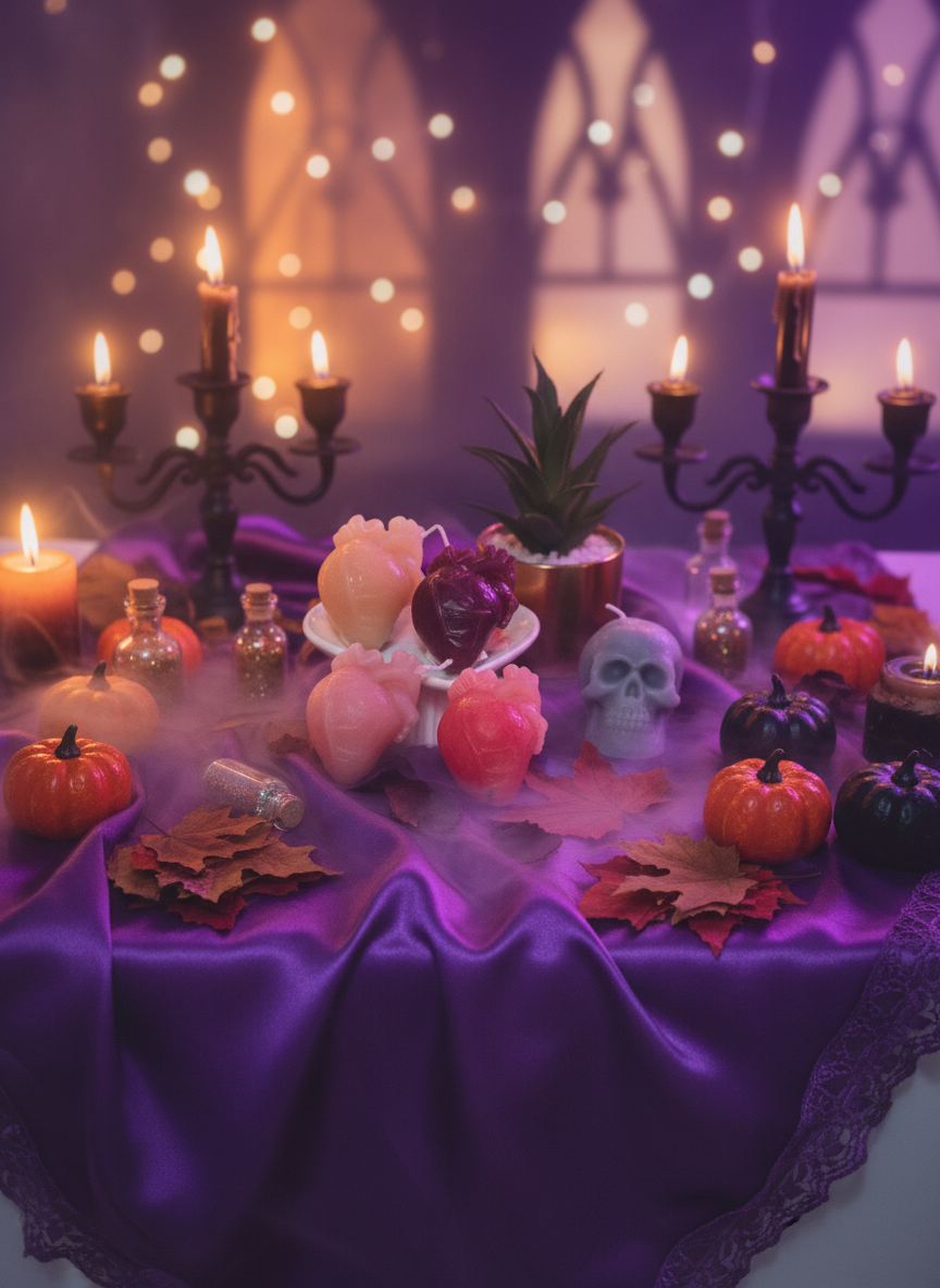 Decorative items including a heart shaped candle , and skull on a white surface with a plant in the background