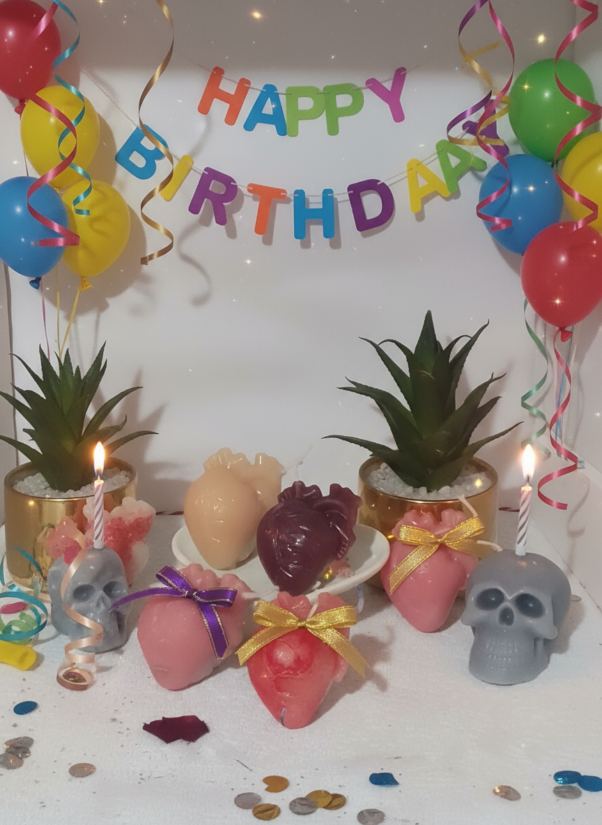 Artificial flowers and a potted plant on a white surface