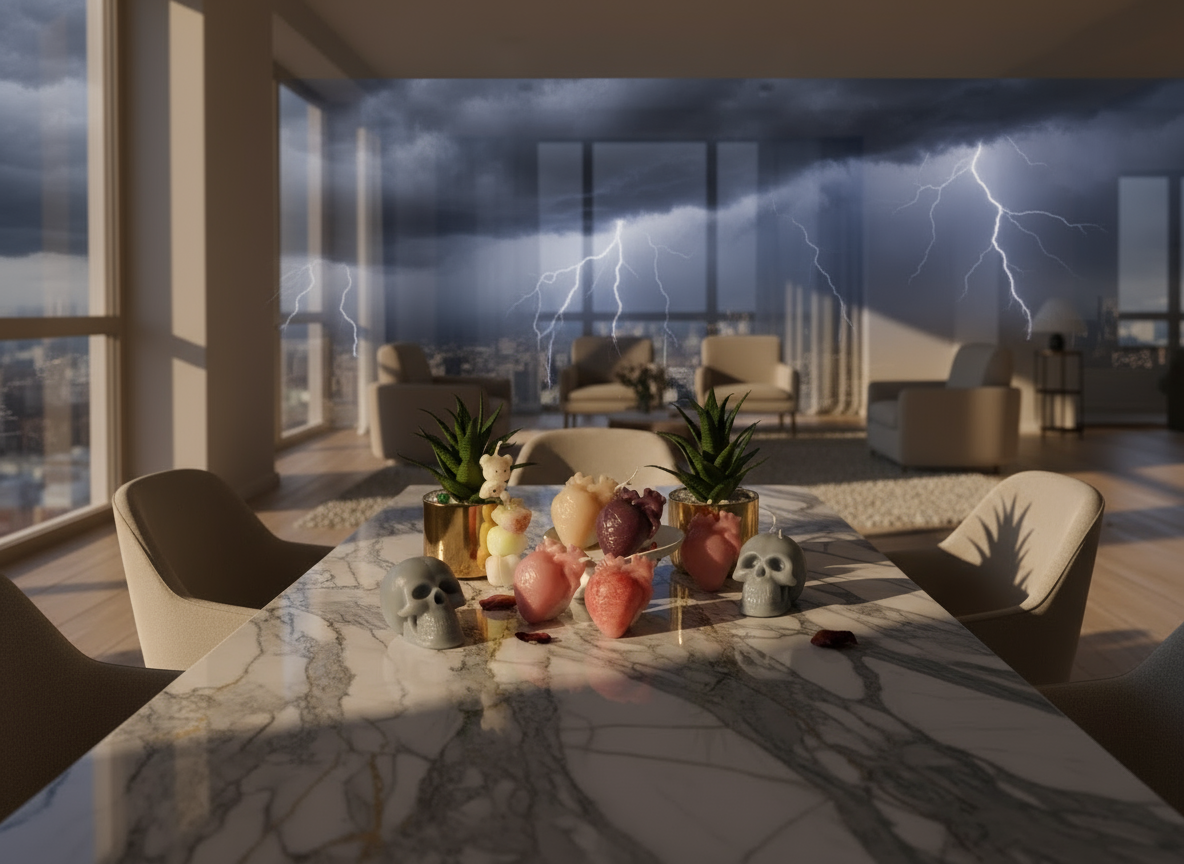 Decorative items including anatomical heart sculptures and a skull on a white surface with plants in the background.