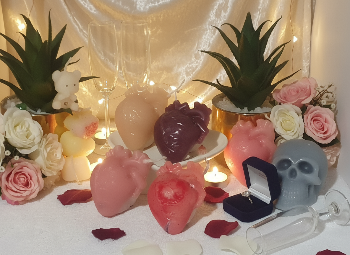 Decorative items including anatomical heart sculptures and a skull on a white surface with plants in the background.