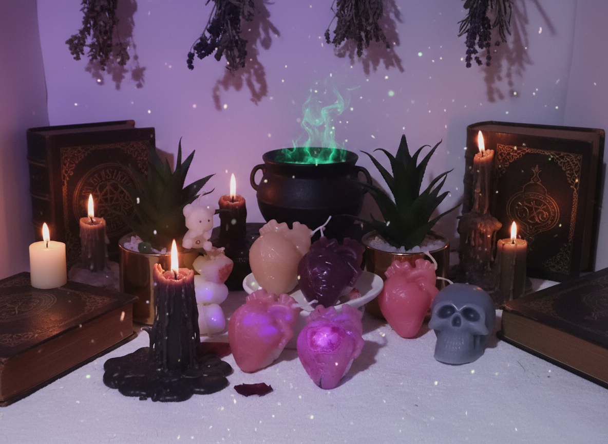 Decorative items including anatomical heart sculptures and a skull on a white surface with plants in the background.