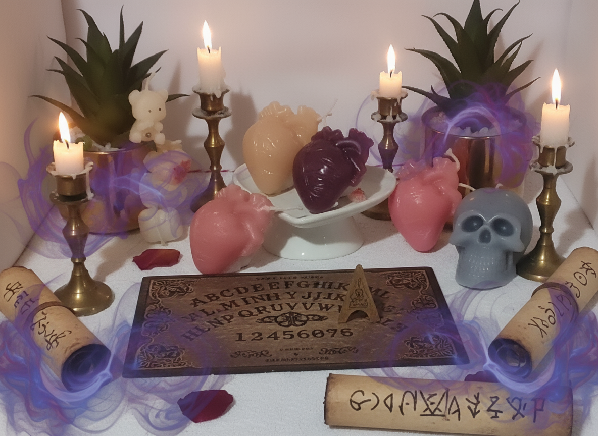 Decorative items including anatomical heart sculptures and a skull on a white ouija board