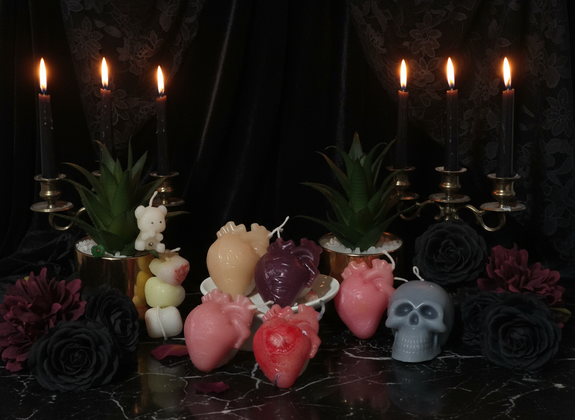 Decorative items including anatomical heart sculptures and a skull on a white surface with plants in the background.