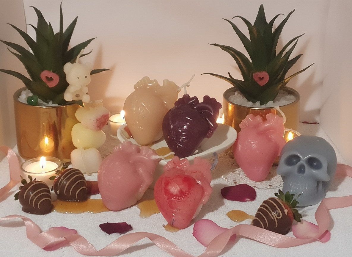Decorative items including anatomical heart sculptures and a skull on a white surface with plants in the background.