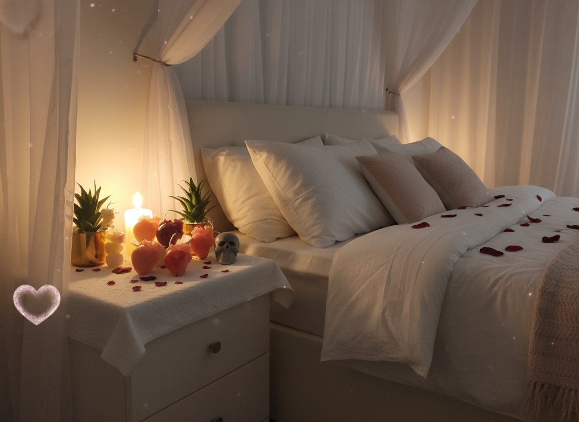 Decorative items including anatomical heart sculptures and a skull on a white surface with plants in the background.