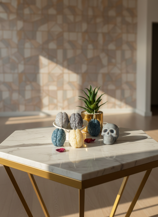 Candle-shaped brain and skull designs on a white surface with a plant in the background.