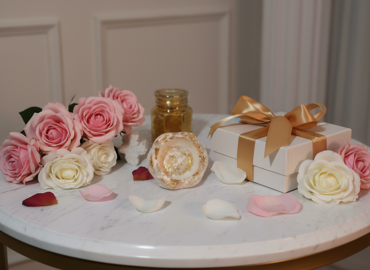 Close-up of a bath bomb with gold glitter swirl on a marble surface