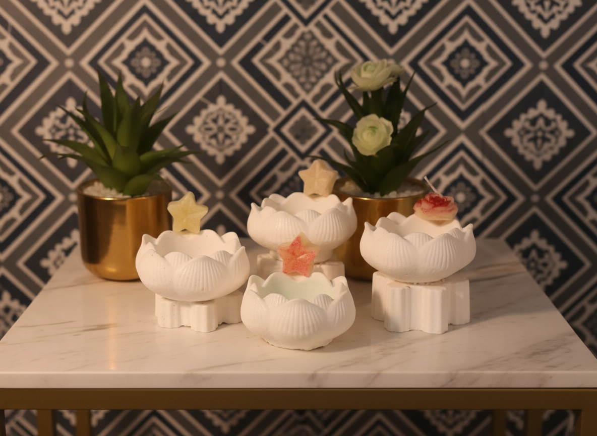 Decorative items resembling eggs with star and flower designs on a gold black marble surface