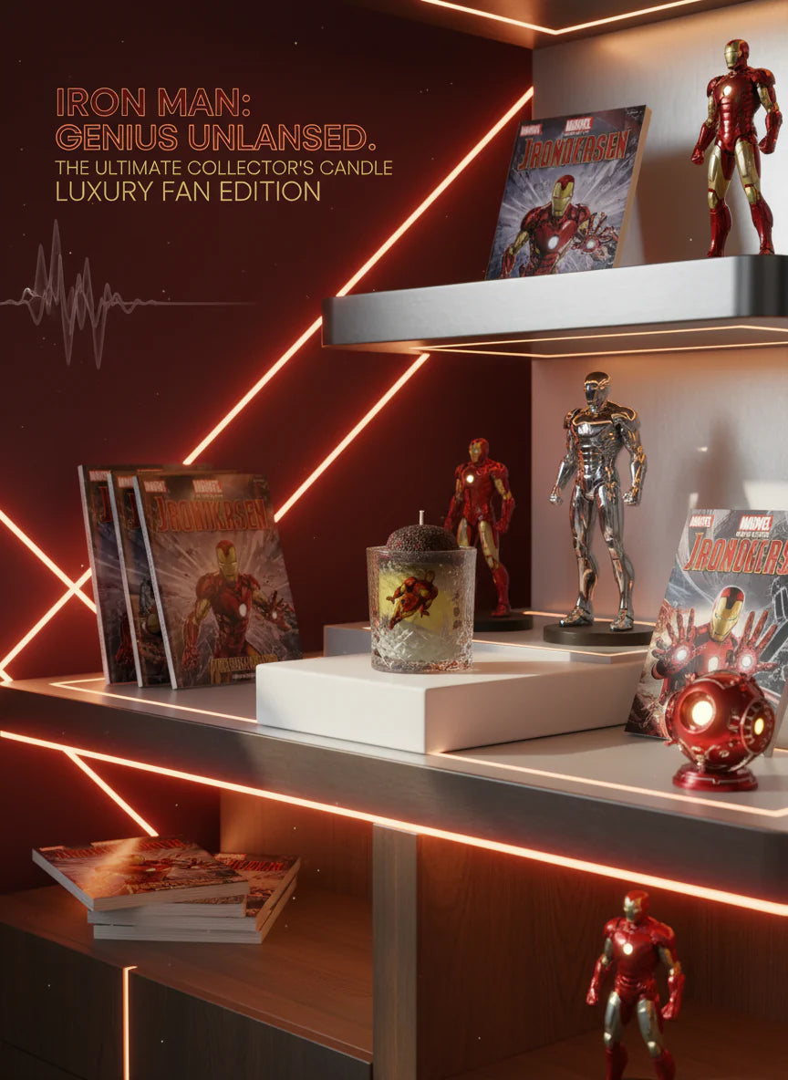 Themed candle and figurines on a shelf 